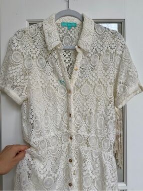 Melissa Odabash April Cream Lace Midi Button-Down Shirt Dress - Size Small